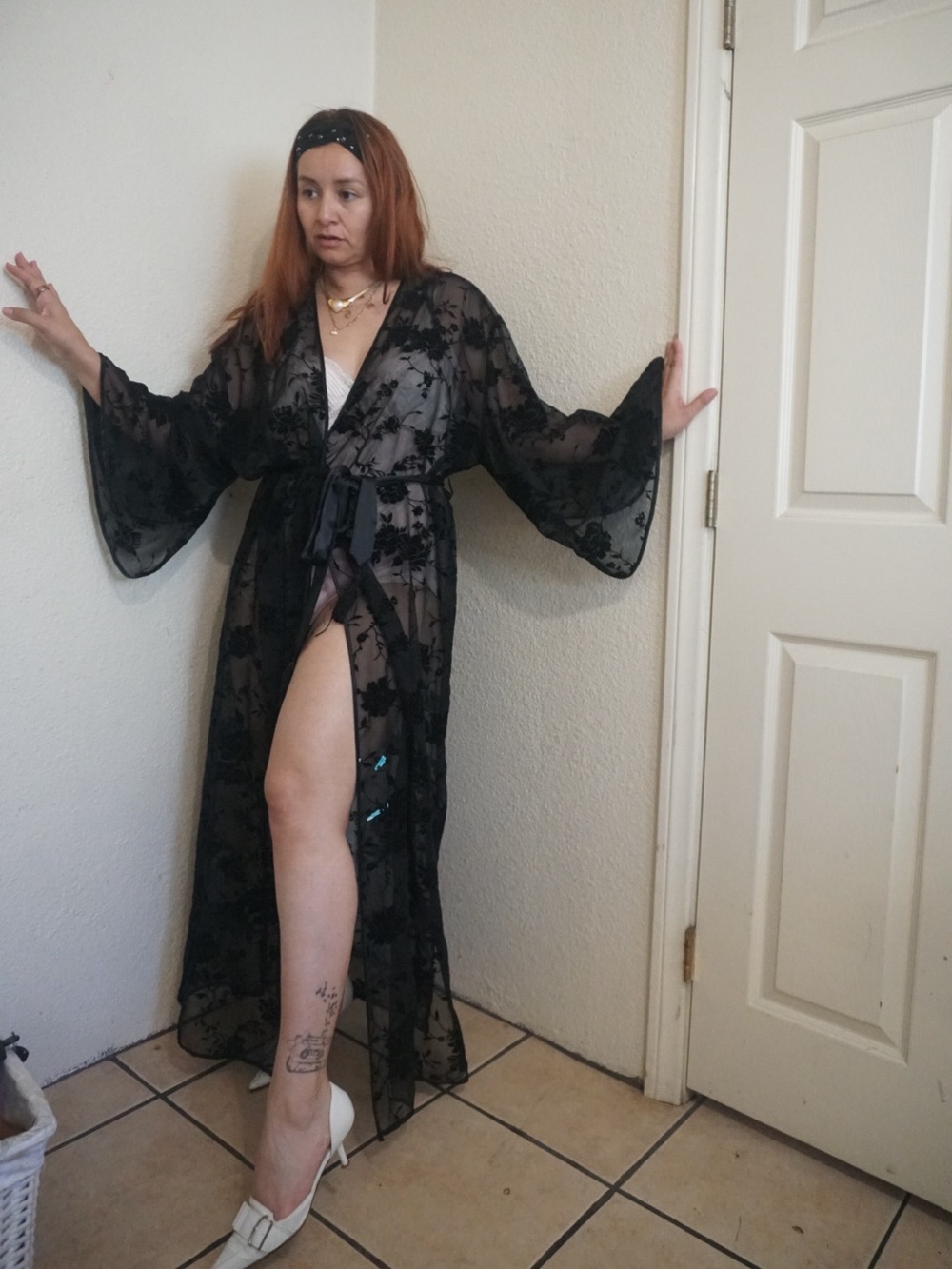 Valerie Stevens Sheer Black Floral Lace Robe with Satin Belt